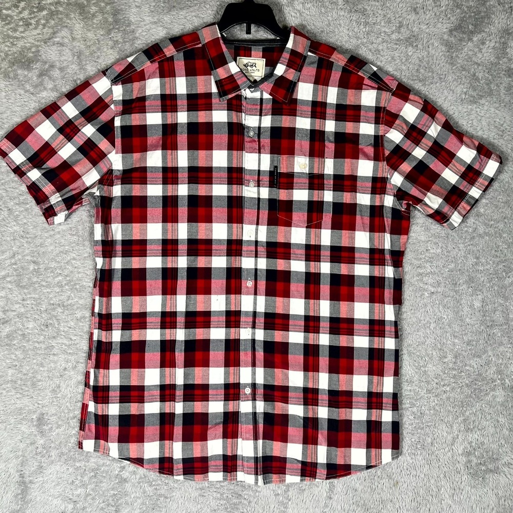 Ecko Unltd Shirt Men 2XL White Red Cotton Plaid Round Hem Short Sleeve Button Up